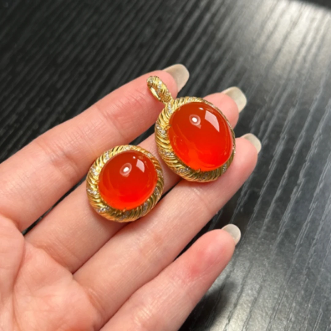 原矿保山冰红戒指吊坠套装18k金真钻镶嵌冰红女士吊坠戒指套装