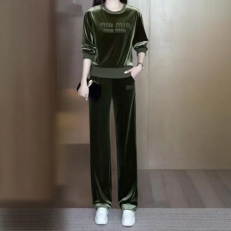 新款金丝绒套装女洋气修身绣花上衣裤子长袖春秋休闲运动两件套