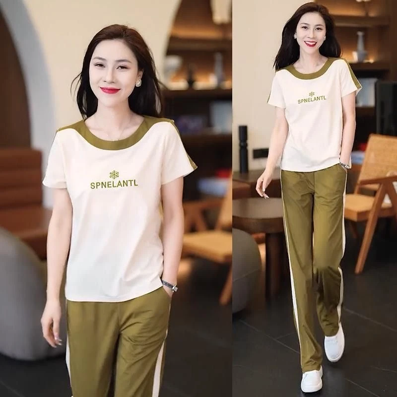 新款休闲运动套装刺绣字母图案拼接撞色t恤女夏季洋气休闲两件套