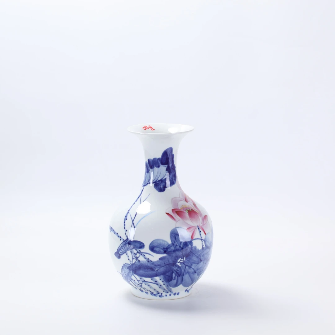 景德镇青花釉上红荷韵大肚赏瓶（高35肚21口14）