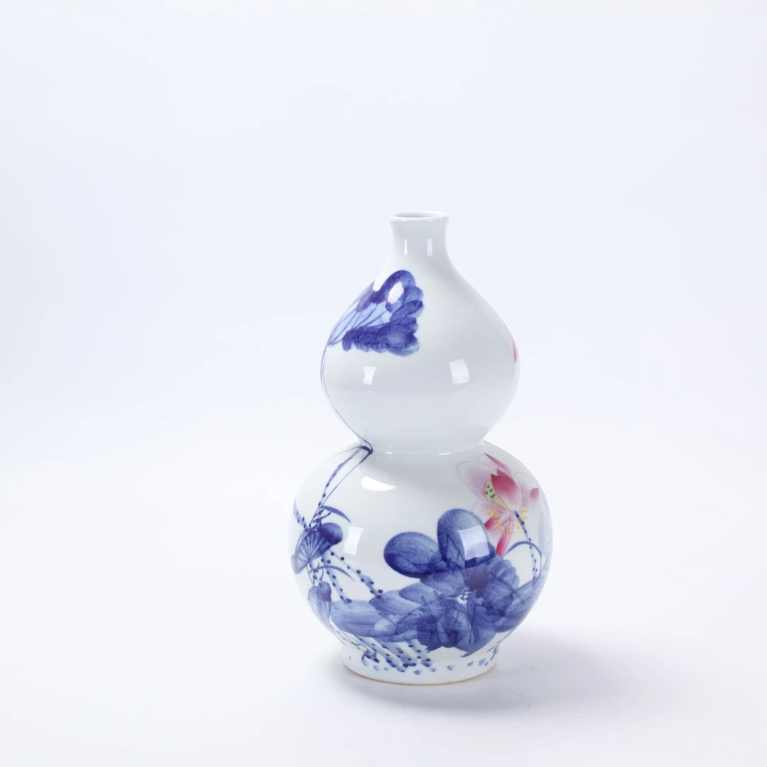 景德镇青花釉上红荷韵葫芦瓶（高37肚22口4.5）