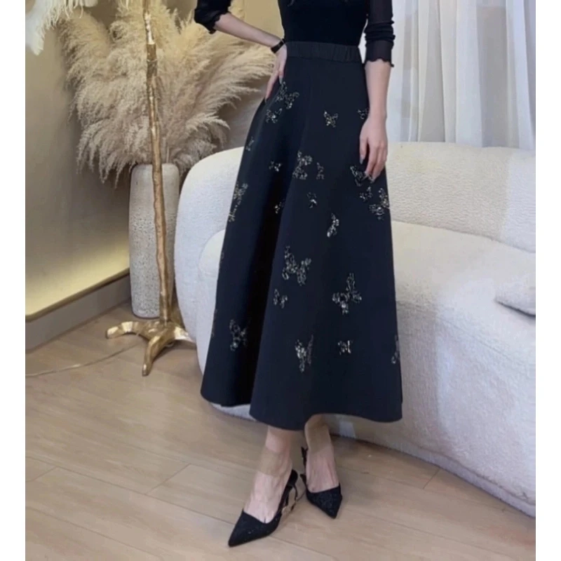 【嘉嘉专享】20677欧货重工蝴蝶烫钻高腰半身裙长裙显瘦松紧腰裙子