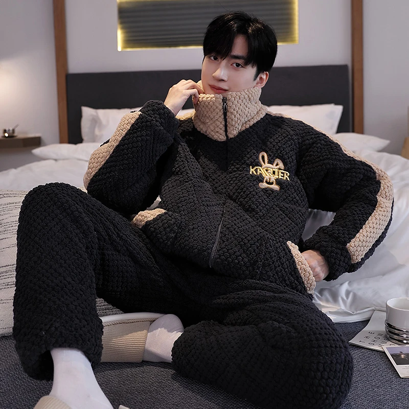 睡衣男士冬加绒加厚珊瑚绒三层夹棉2024年新款大码冬天家居服套装