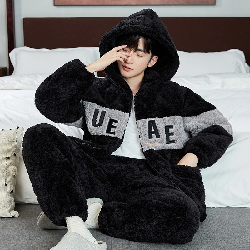 睡衣男士冬加绒加厚珊瑚绒三层夹棉2024年新款大码冬天家居服套装