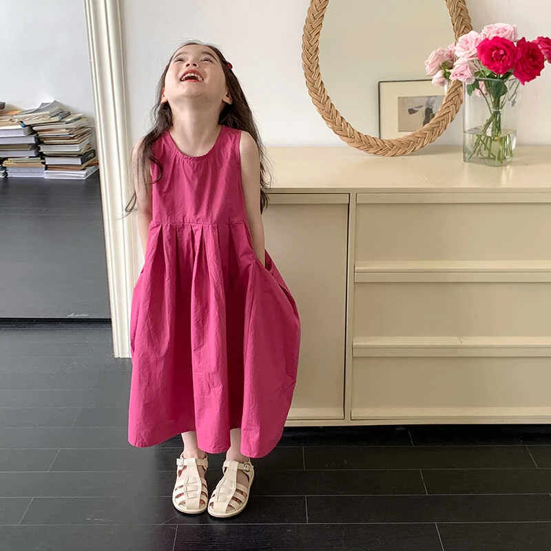 高级感纯棉女童连衣裙火龙果色夏款大口袋裙子儿童长裙公主裙大童