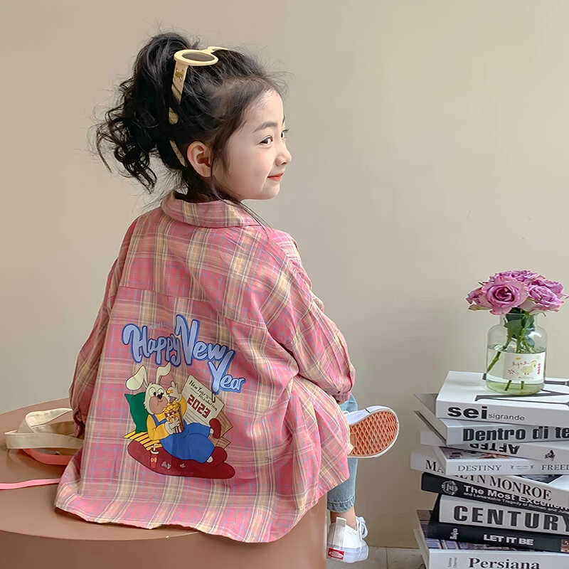 女童衬衫春秋季格子卡通儿童秋装上衣洋气小女孩薄款衬衣外套长袖