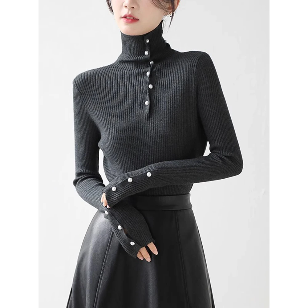 法式复古珍珠扣堆堆高领针织衫女秋冬百搭设计感修身显瘦内搭上衣