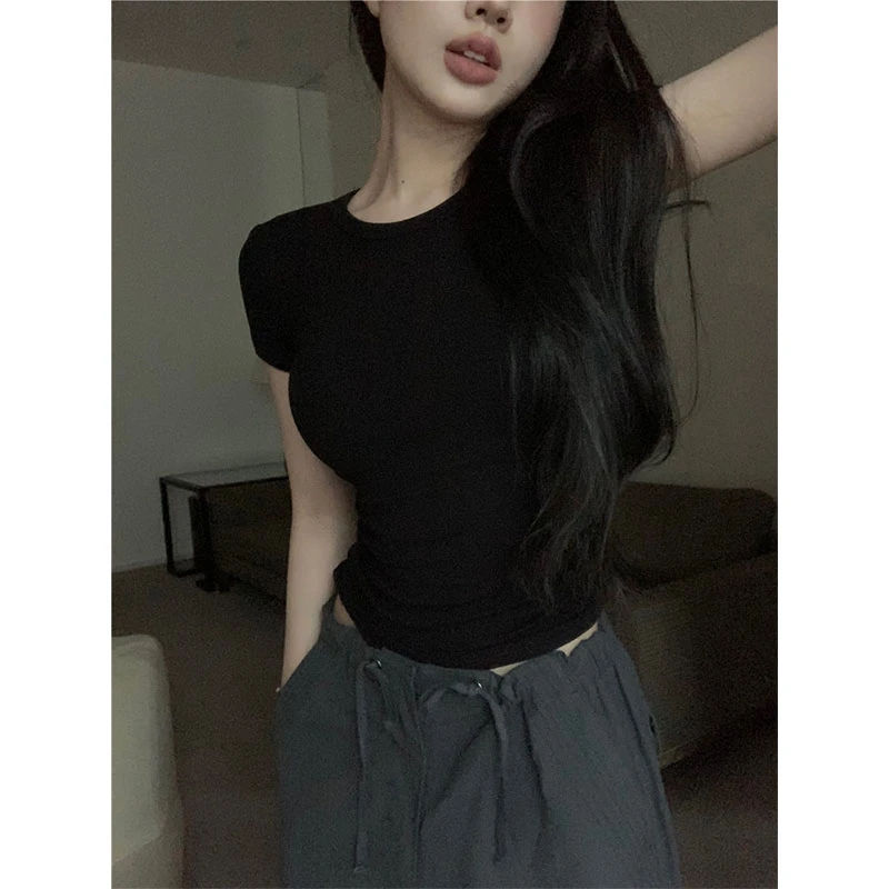 纯欲辣妹黑色正肩短袖T恤女夏季紧身修身显瘦短款上衣内搭打底衫