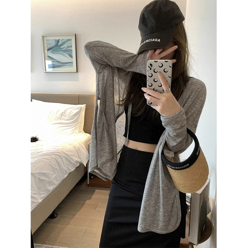 冰丝防晒慵懒风开衫女夏季开叉空调罩衫吊带外搭披肩针织外套上衣