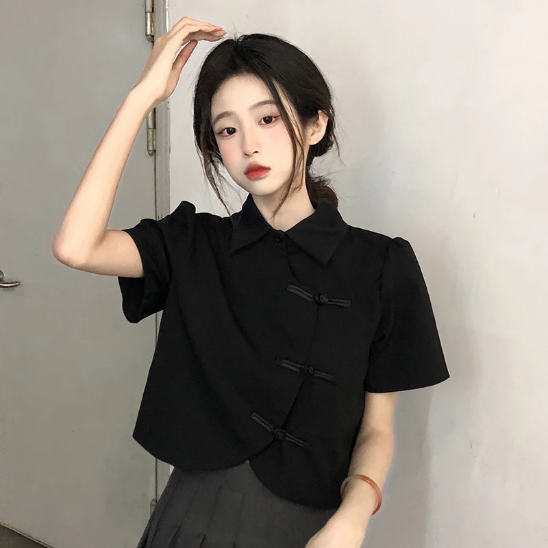 黑色polo领短袖衬衫女夏季法式别致漂亮小衫不规则娃娃衫短款上衣