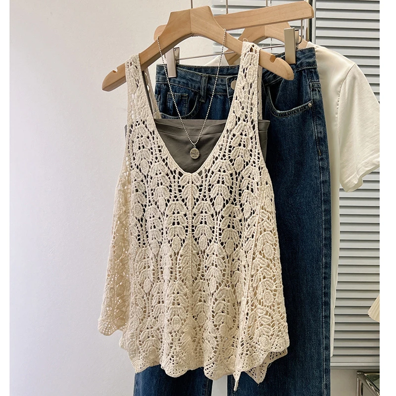 v领镂空钩花无袖针织衫女夏季叠穿背心宽松显瘦泰式吊带辣妹上衣