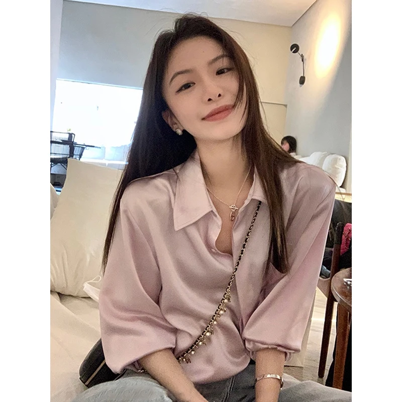 春季高级感复古醋酸缎面衬衫女设计感外套衬衣宽松粉色外搭上衣薄