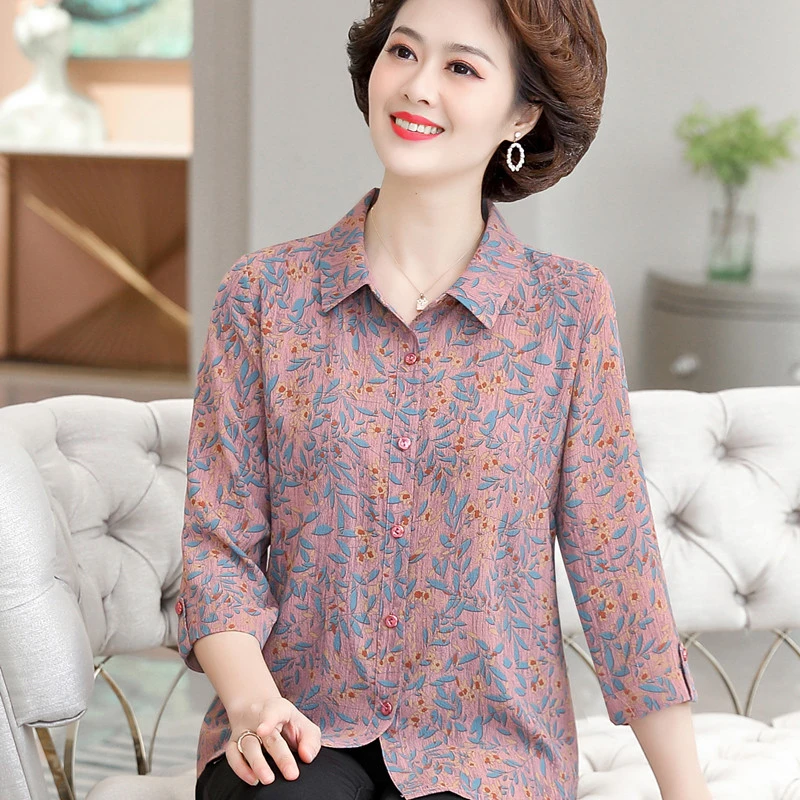 中老年新款女装春夏装碎花七分袖打底衫上衣洋气妈妈薄款衬衣时尚