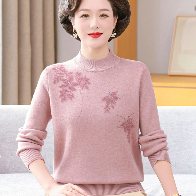 妈妈装秋冬加绒加厚毛衣一体绒针织打底衫中老年宽松内搭保暖上衣