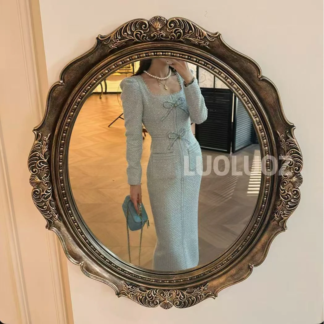 【现货】LUOLUOZ【浪漫映绘】气质方领收腰织编设计长款连衣裙JF513