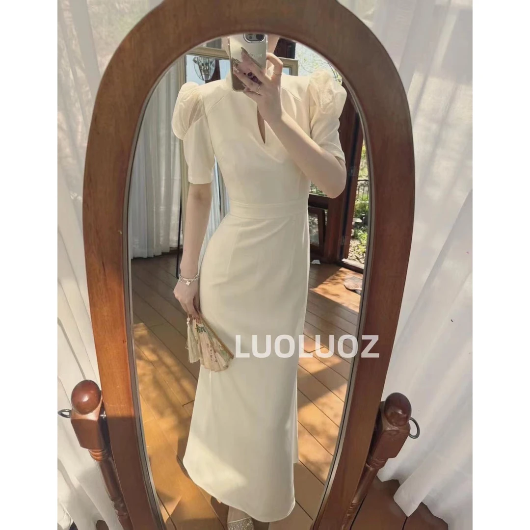 【现货】【初晴烟雨】新中式气质镂空泡泡袖长款连衣裙