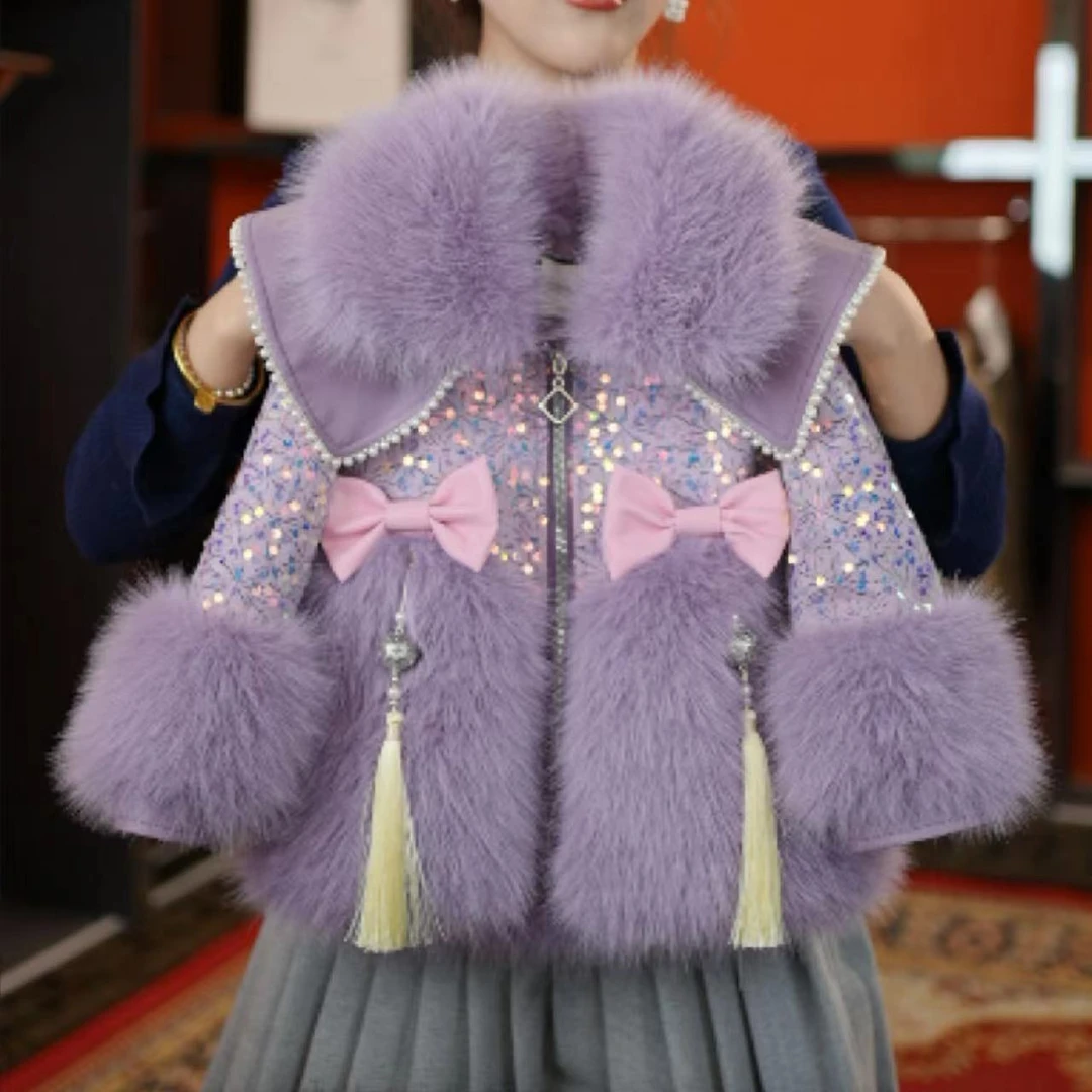 AODUOSEN/奥多森高端定制女童秋冬时尚百搭洋气亮片加绒毛毛外套