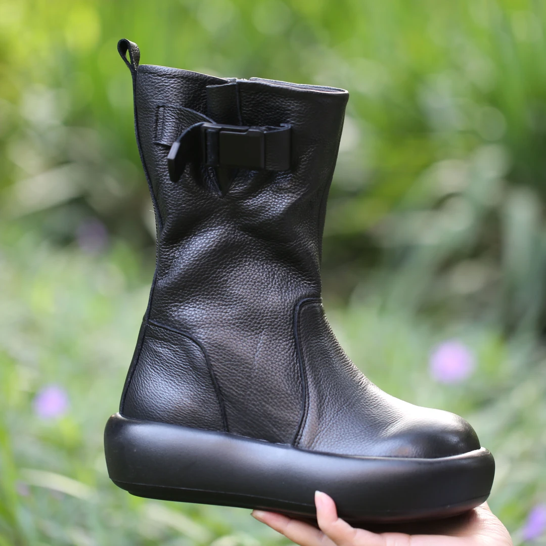 广州原创轻盈厚底头层牛皮女靴666-95/脚瘦拍小一码