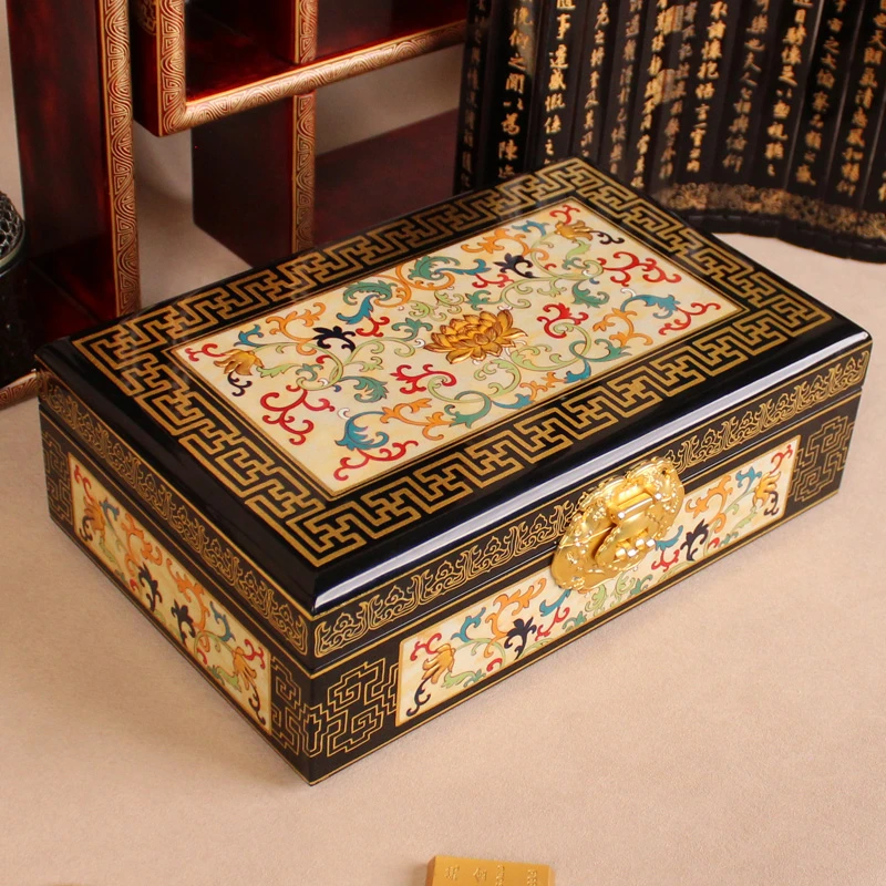 漂亮蓉28cm缠枝莲平遥推光漆器首饰盒国风首饰盒首饰柜