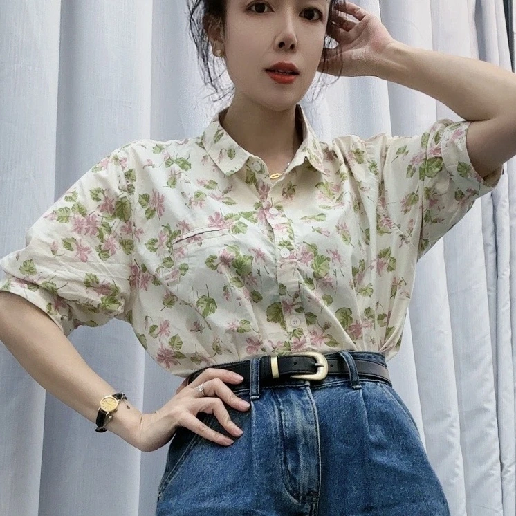 8899小清新花棉衬衫女2024春夏款设计感休闲时尚减龄百搭短袖衬衣