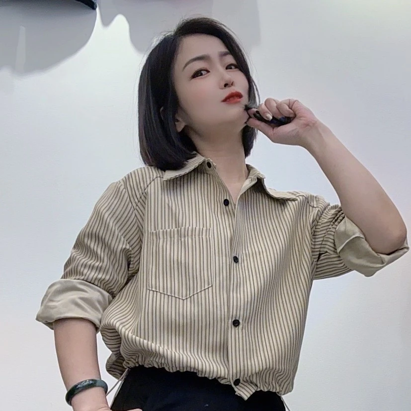 新款法式条纹长袖休闲女衬衫