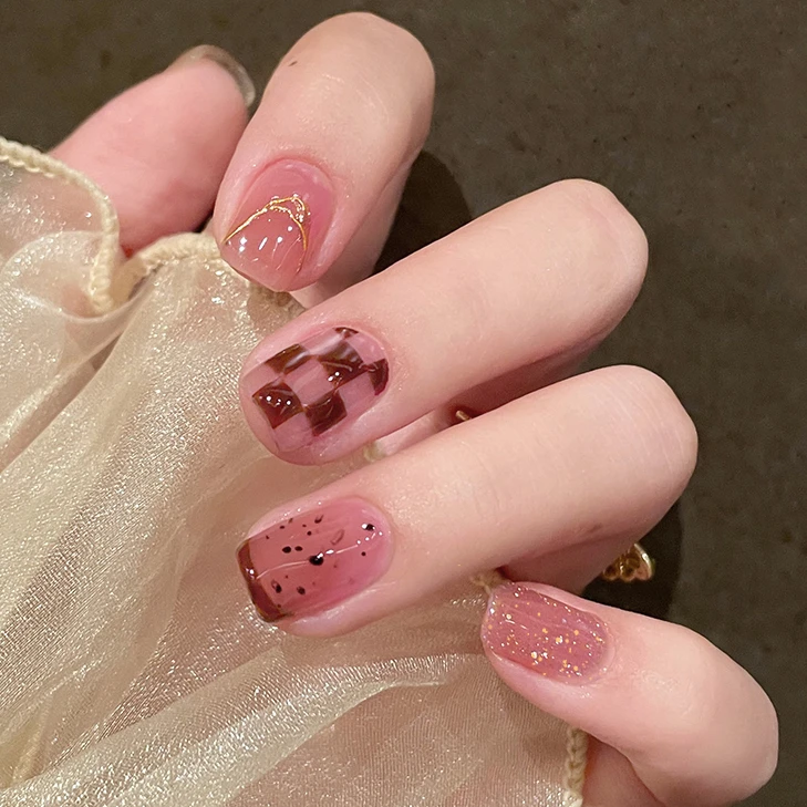 【ES366红糖棋盘格】半固化凝胶uv半烤美甲贴指甲贴片照灯变硬穿戴