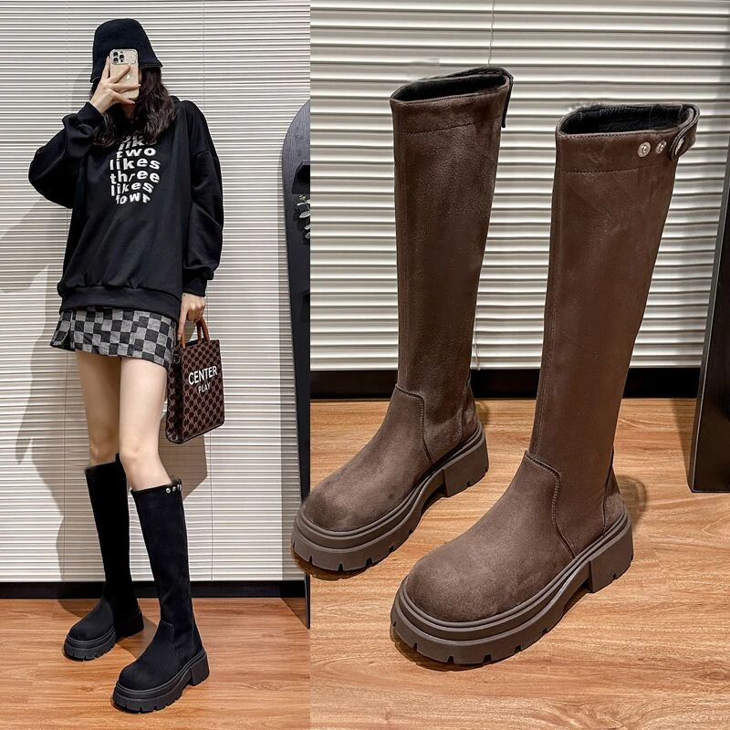 【平口绒面靴】加肥女靴秋冬厚底骑士靴大码长筒靴大筒围加宽高筒靴