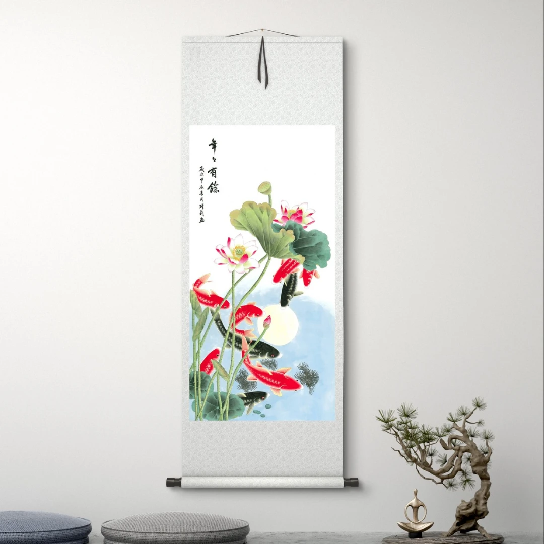 【精致】《九如-年年有余图》装裱玄关挂画客厅挂画书房国风装饰画