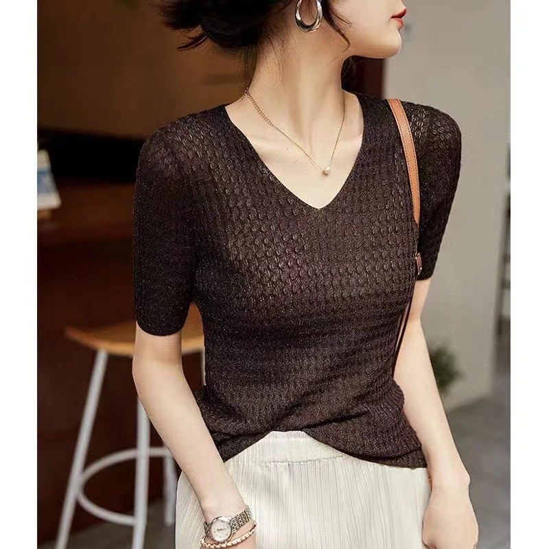 气质优雅亮丝提花V领亚麻针织衫法式纹理花纹修身显瘦短袖T恤上衣