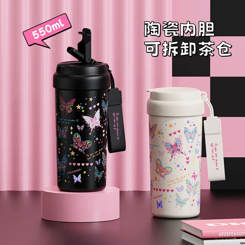 陶瓷内胆保温杯大容量2024新款女高颜值学生吸管水杯不锈钢办公室