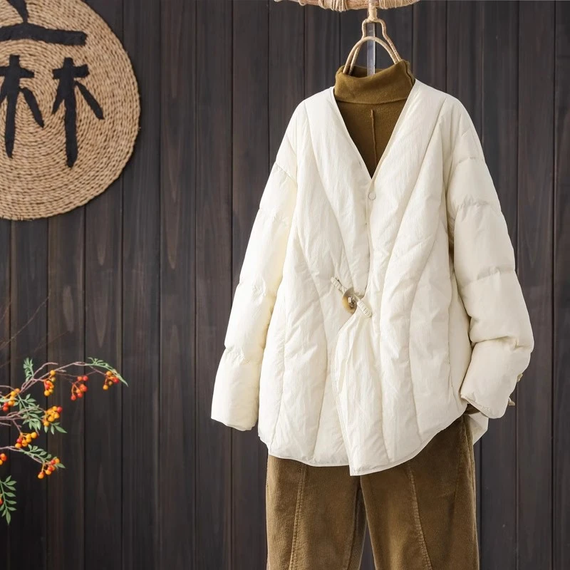 秋冬文艺中式茶服羽绒服简约保暖宽松百搭V领90白鸭绒外套设计感