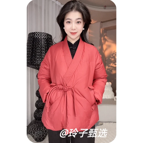 文艺新中式大盘扣羽绒服女冬保暖V领大气设计感简约大气减龄