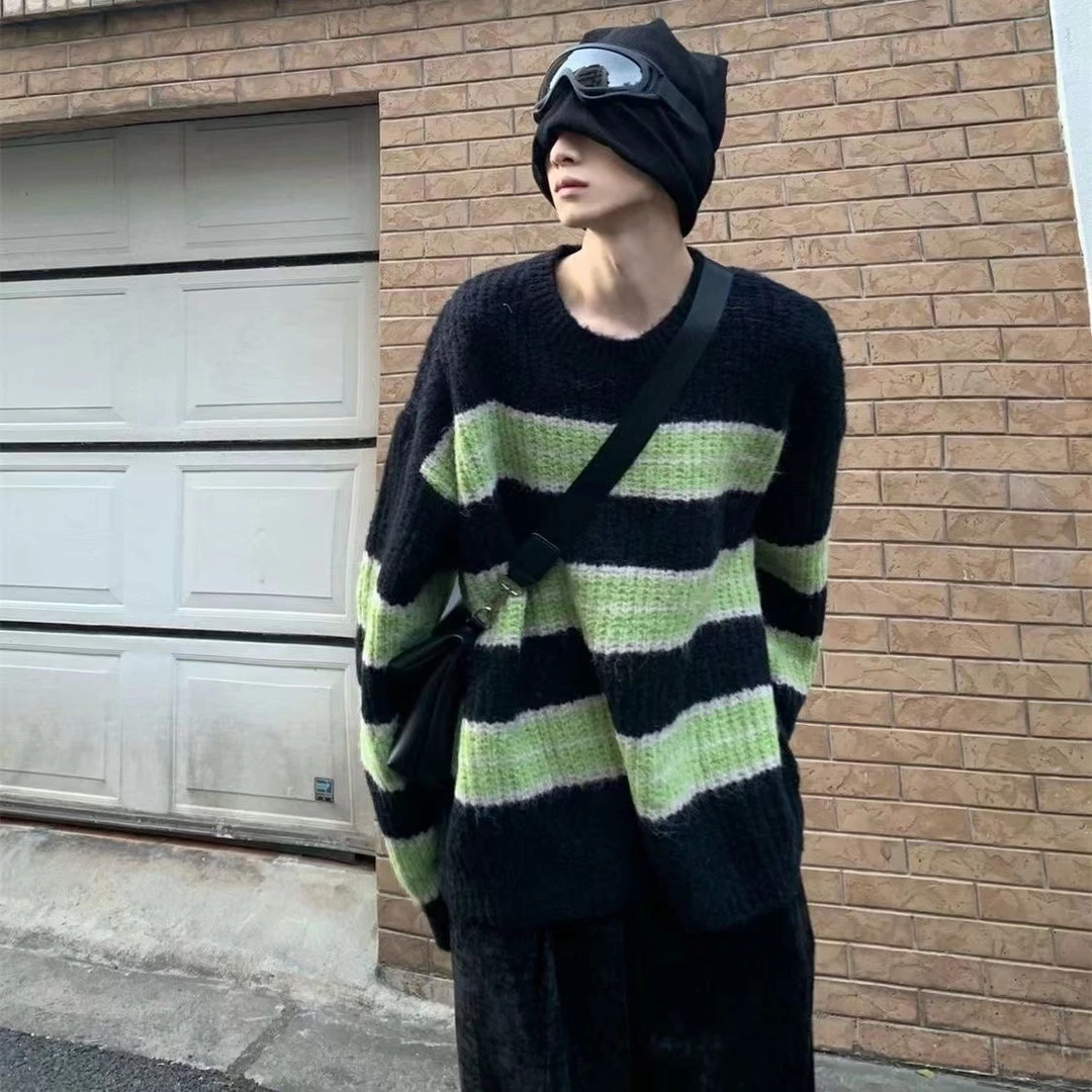 条纹撞色慵懒风毛衣男秋冬ins韩版高级感宽松休闲针织衫外套情侣