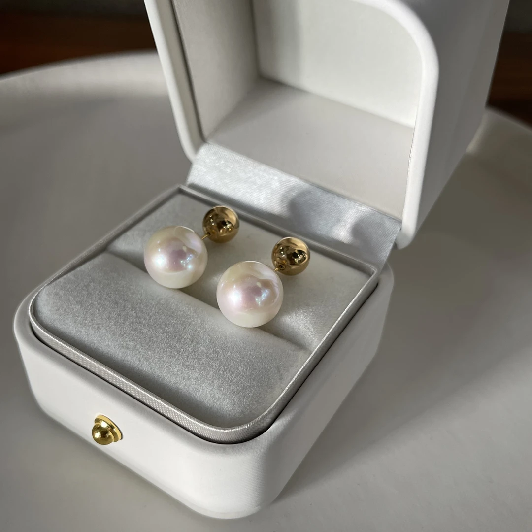 12-13mm18K金两戴款设计珍珠耳钉 精选品质 正圆极强光几乎无暇