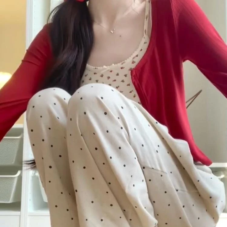 波点阔腿裤女夏季高腰直筒休闲慵懒风山本裤小个子白色冰丝裤子