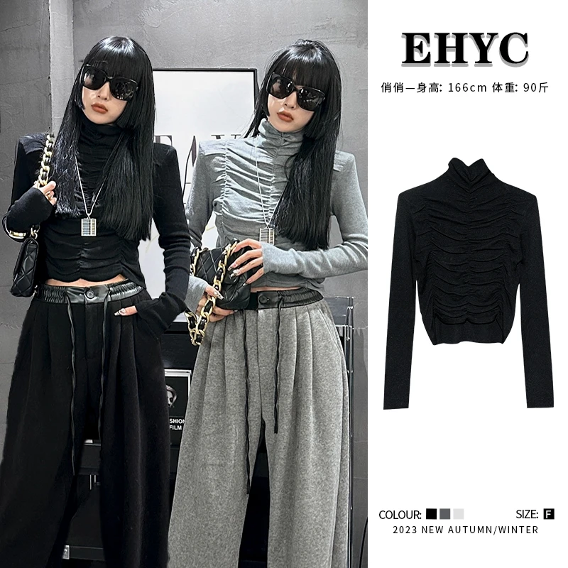 EH【宠粉浮力】秋冬设计感小众高领褶皱别致复古T桖打底衫上衣 W239