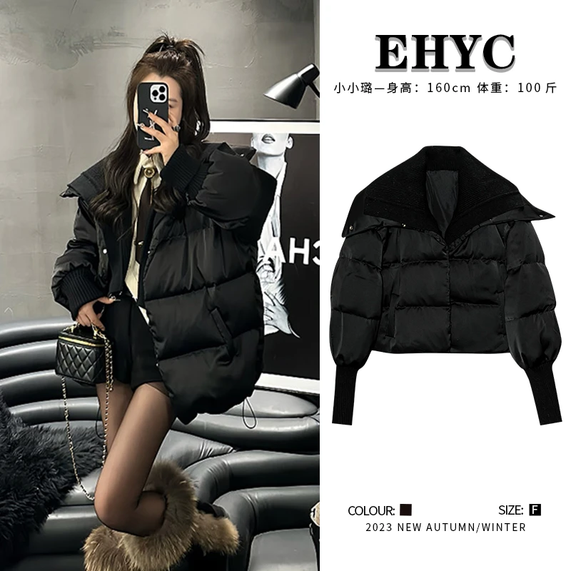 冬款针织拼接大翻领可脱卸假两件羽绒服短款加厚外套W891