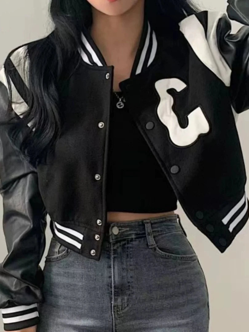 chic减龄复古小众外套女宽松运动休闲短款廓形长袖棒球服W2489