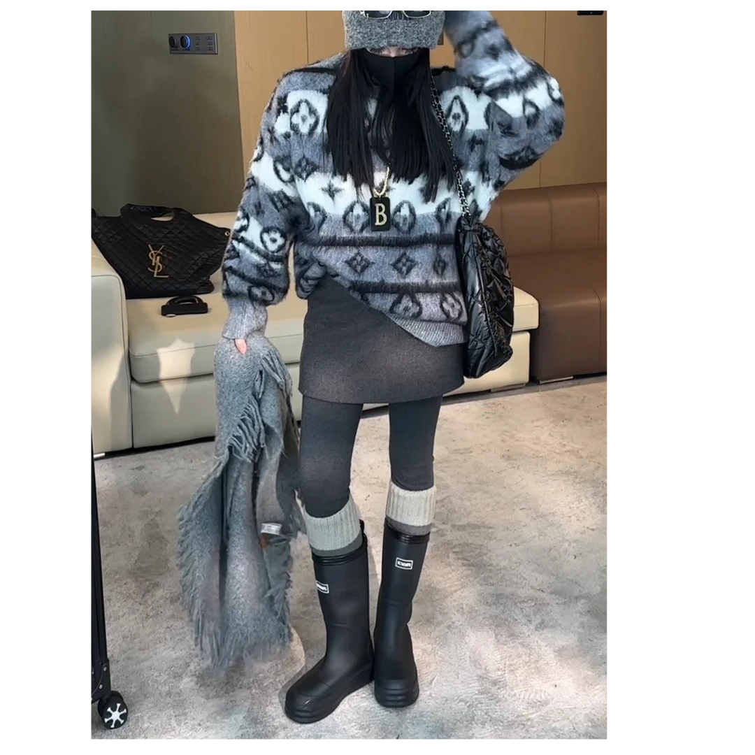 EH新款老钱风小众设计感百搭慵懒软糯条纹针织圆领毛衣女 W1235