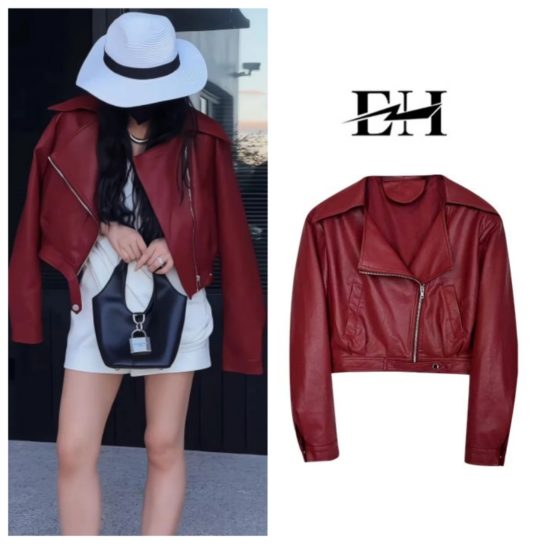 EH【澜】韩版时尚百搭安哥拉红色皮外套纯色宽松休闲外套女 W7544