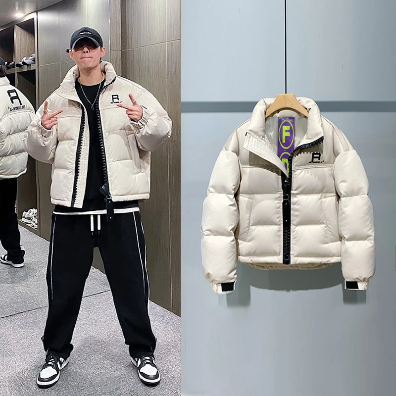 2024新款面包宽松加厚保暖绣花粗齿时尚男士羽绒服立领冬季外套