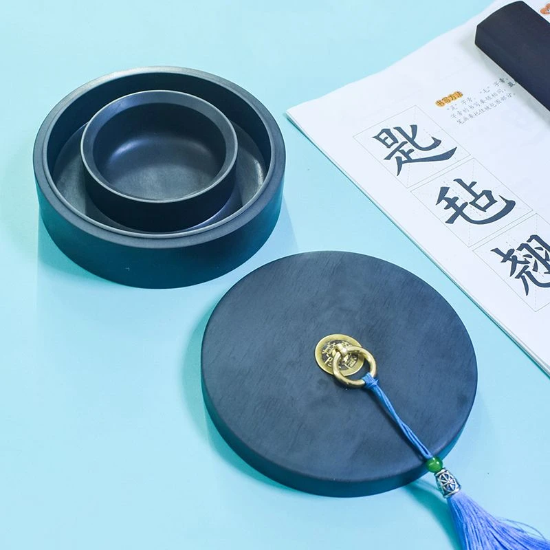 保湿火锅砚台带盖防干罗纹砚台歙砚不干墨文房四宝不干墨墨盒大气