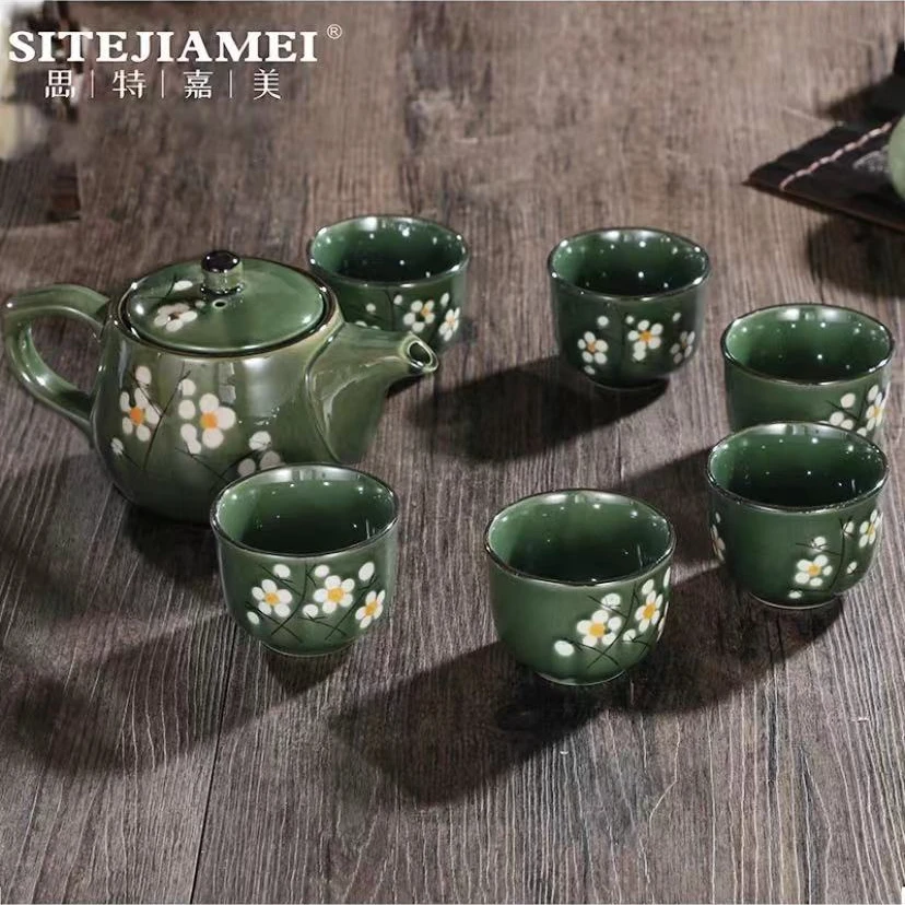思特嘉美精美绿釉小雏菊茶具套装家用送礼一壶六杯带滤网大容量