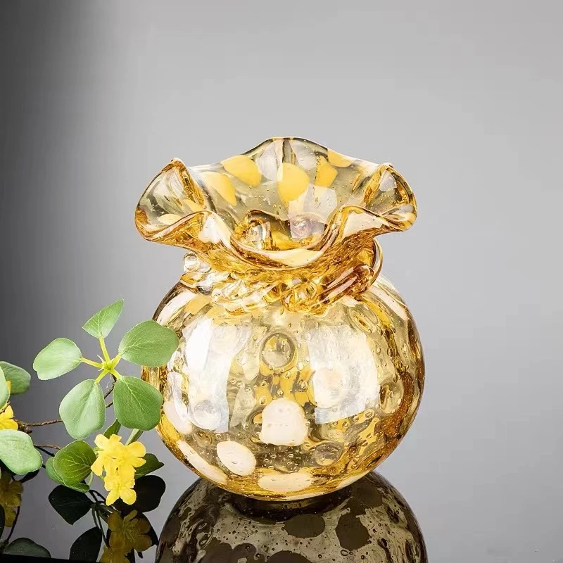 轻奢高档波浪口琉璃花瓶客厅玻璃插花鲜花酒店钱袋高级感摆件福袋