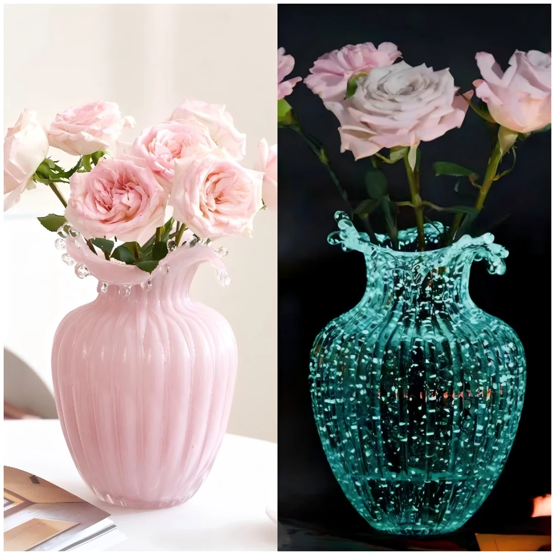 网红夜光荧光花瓶玻璃粉色插花玫瑰鲜花客厅餐桌摆件