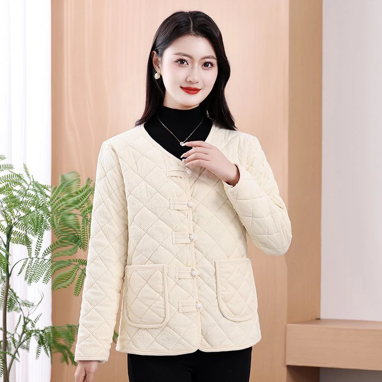 名族风中老年外套妈妈装保暖加绒加厚棉衣秋冬国风雪尼尔雕花女装