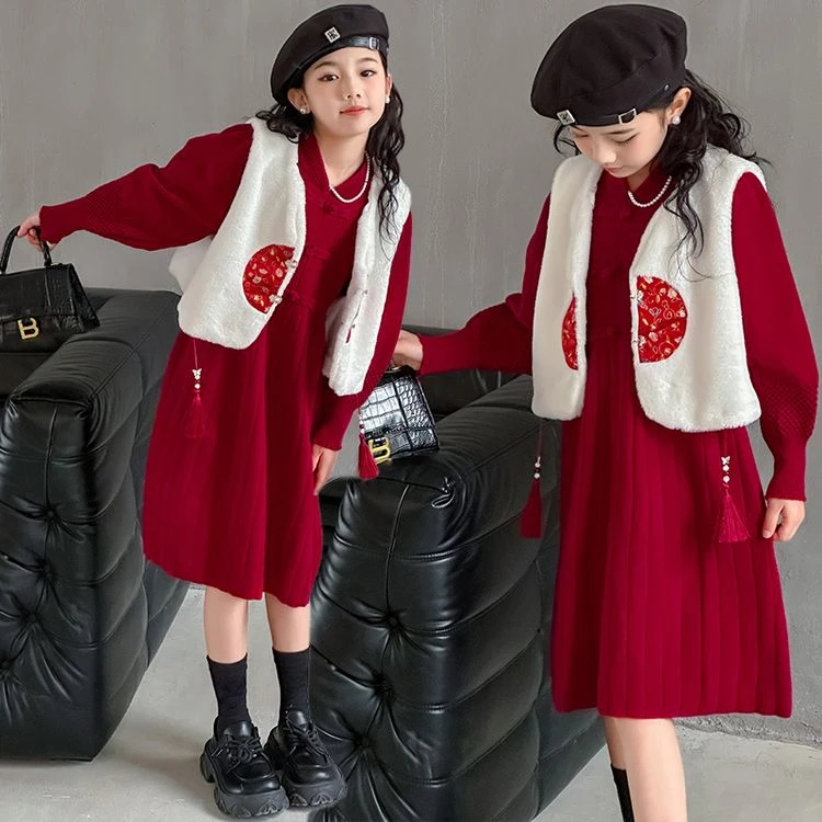 女童秋冬款加厚喜庆儿童保暖指针毛衣连衣裙2024新款中大童5-12岁