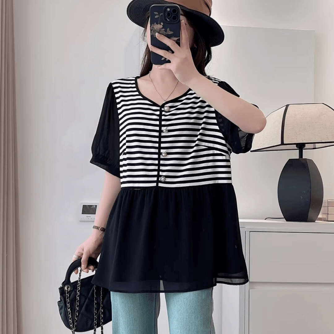 大码女装多巴胺短袖雪纺衫条纹2024夏季新款胖mm宽松显瘦拼接上衣