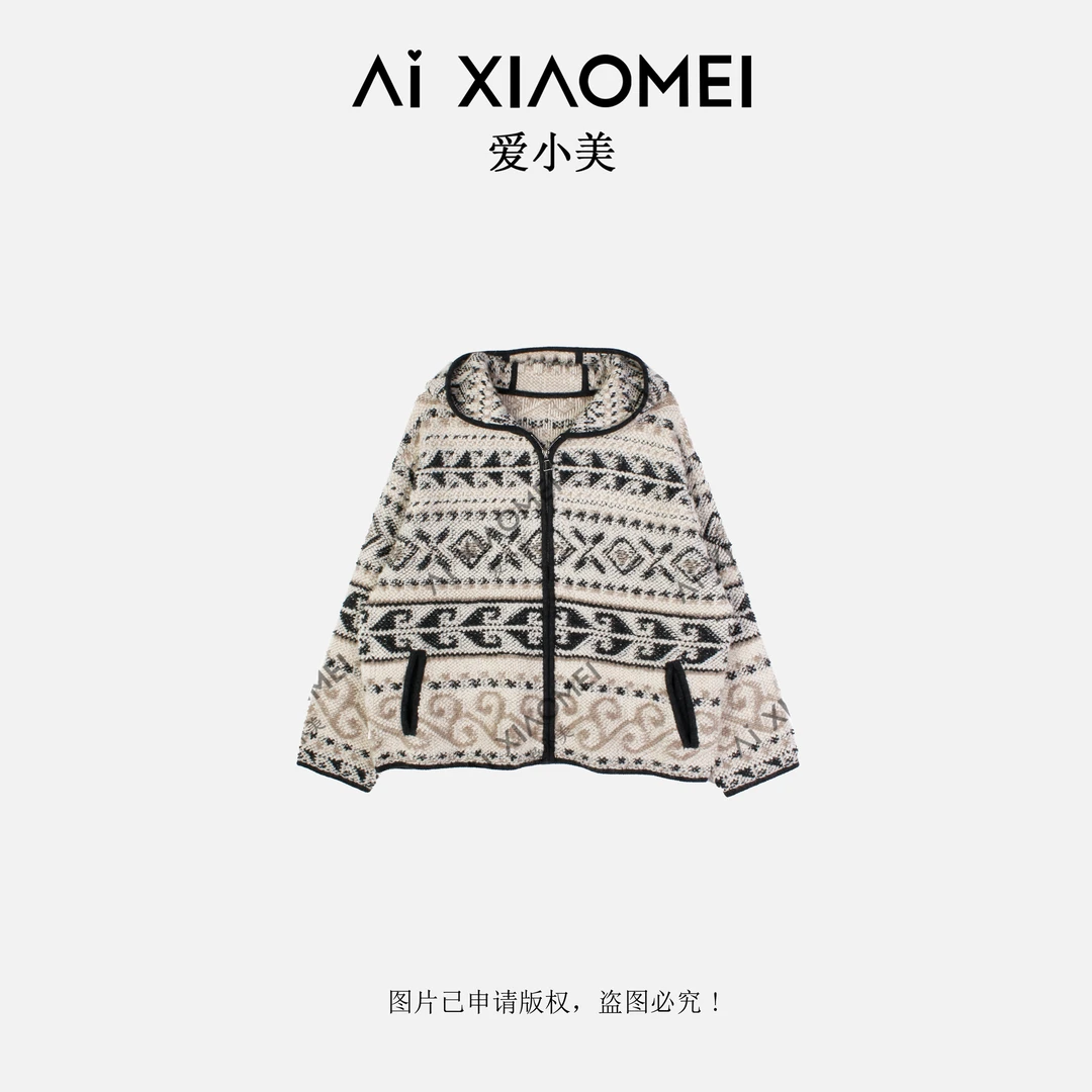 T级100山羊绒连帽费尔岛提花加厚针织外套YR08-1680