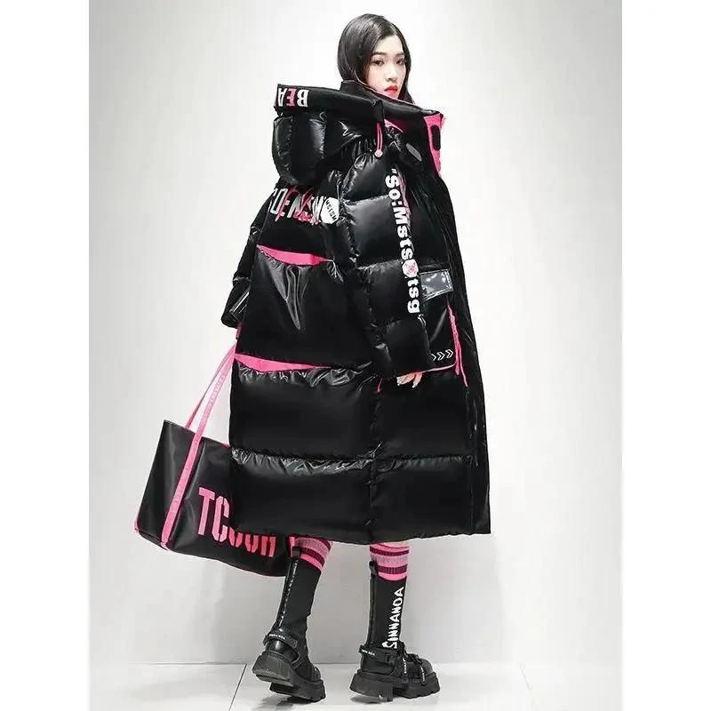 艾莱依亮面免洗羽绒服女2023冬新款潮牌宽松洋气过膝长款保暖拼接